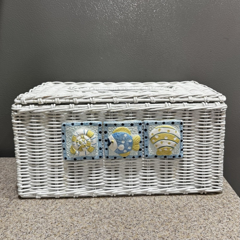 Vtg White Wicker Tissue Box Cover Rectangle Large Ceramic Tiles Shells EUC!