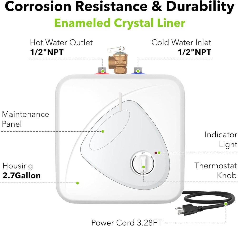 BN-LINK 2.7 Gallon Mini-Tank Water Heater, Under Sink Water Heater 20V 1440W