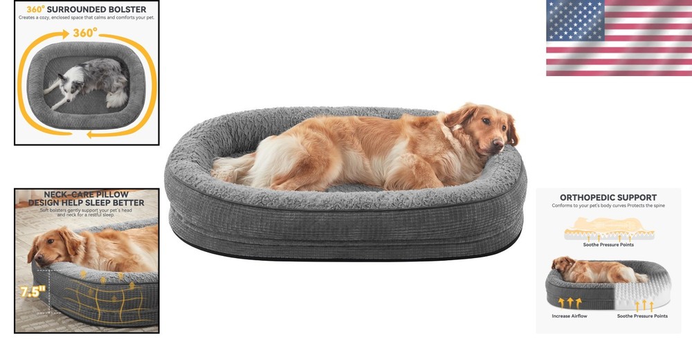 Grey Memory Foam Dog Bed - Extra Large Orthopedic Couch with Waterproof Lining