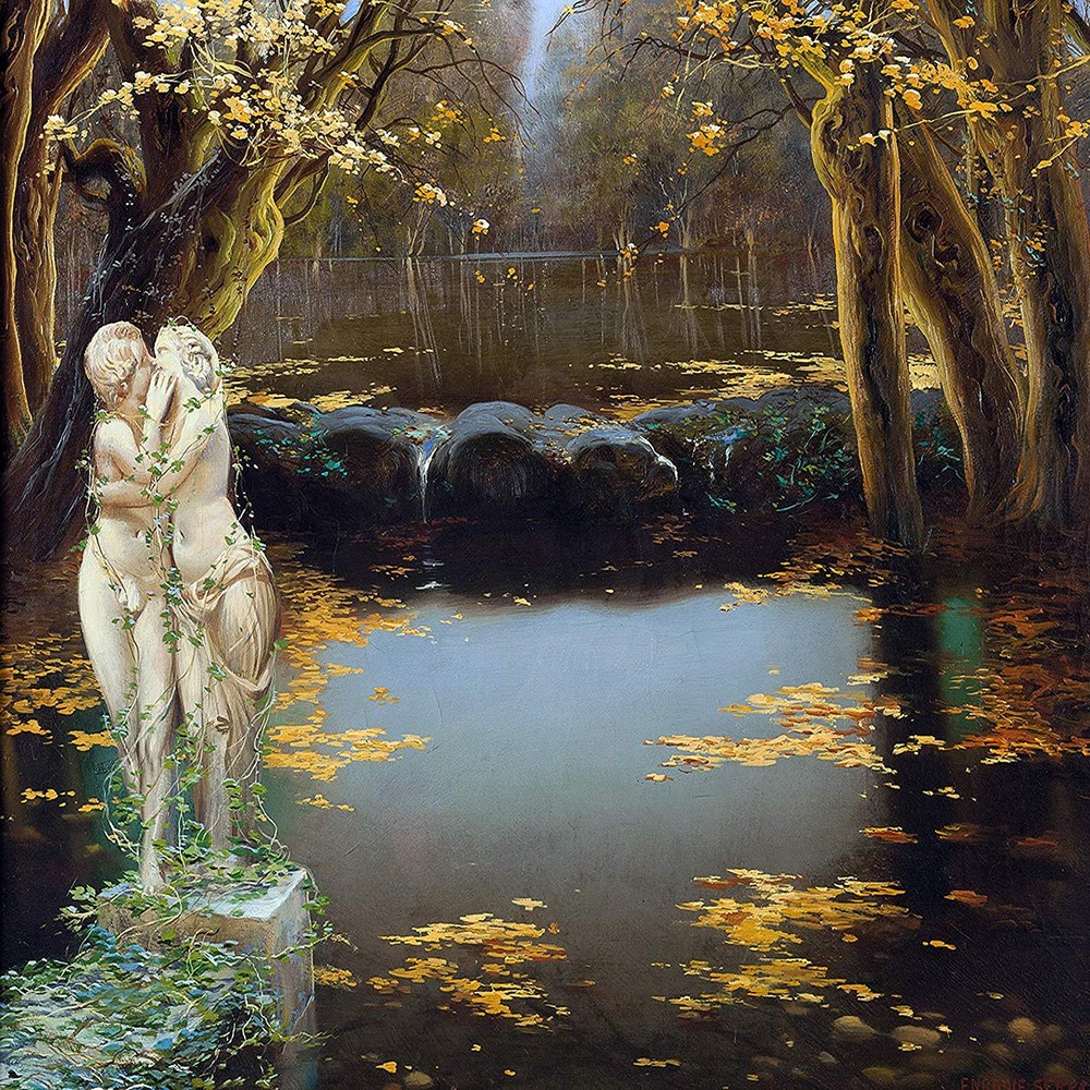 lake Autumn Statue kiss by E. Auque Tile Mural Kitchen Backsplash Marble Ceramic