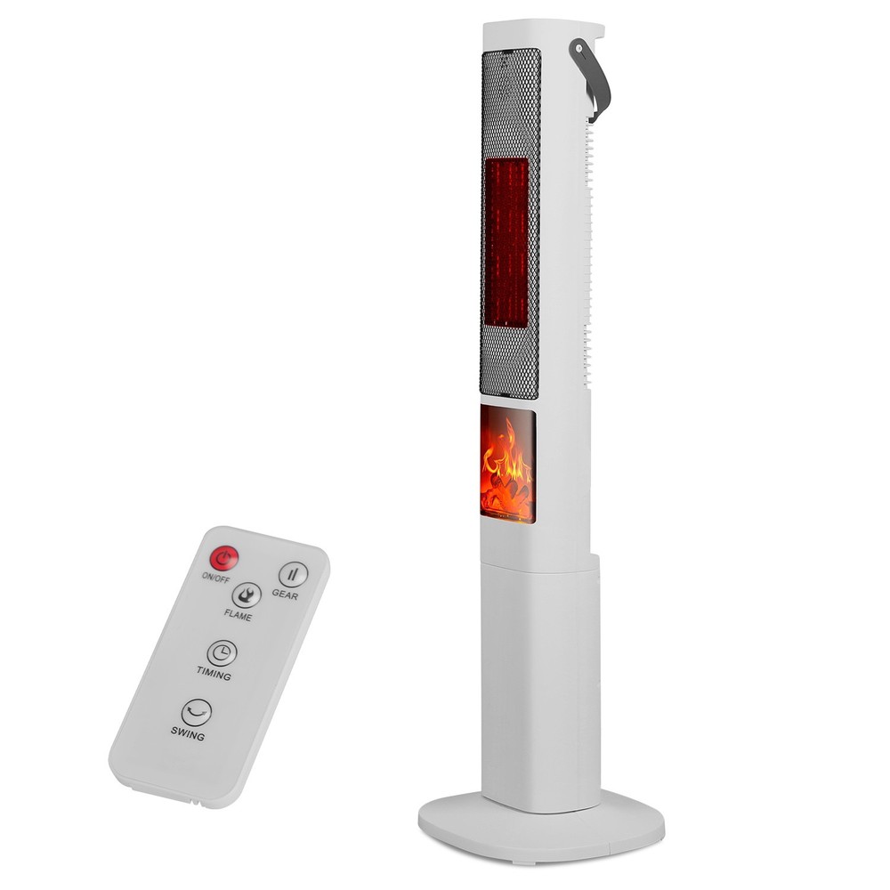 1500W Ceramic Tower Space Heater W/ 3D Flame Remote Control 5 Timer Options
