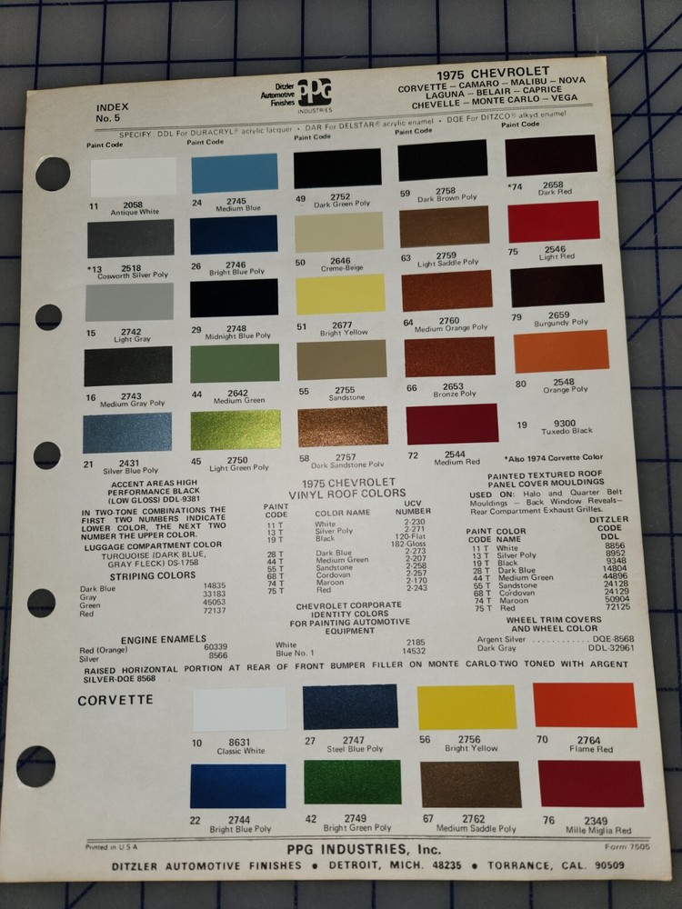 1975 Chevrolet Color Chip Sheet