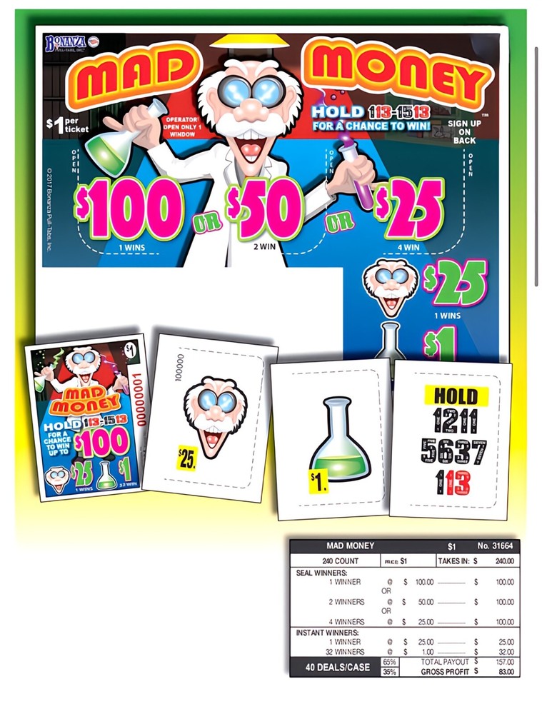 Pull Tab Ticket - Hard Card - Game - Mad Money - 240 ct