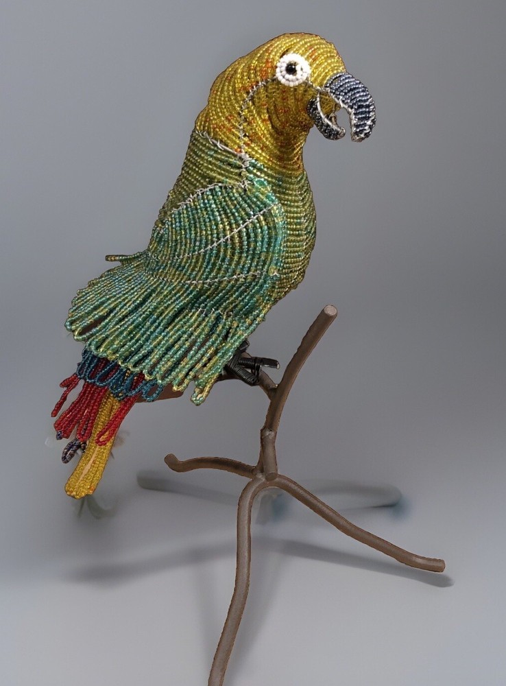 Parrot Beaded On Perch Handcrafted