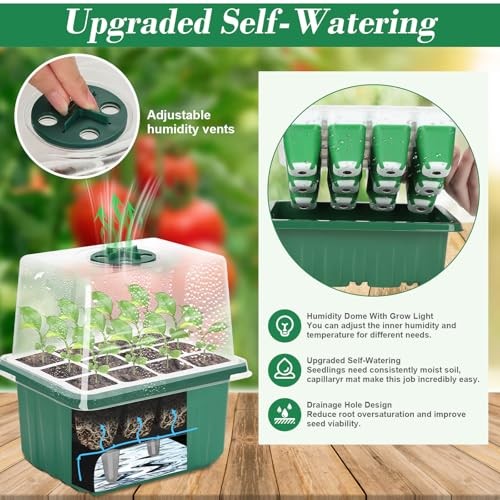 4 Set Self-Watering Seed Starter Tray Kits with Grow Light, Reusable 4 Pack