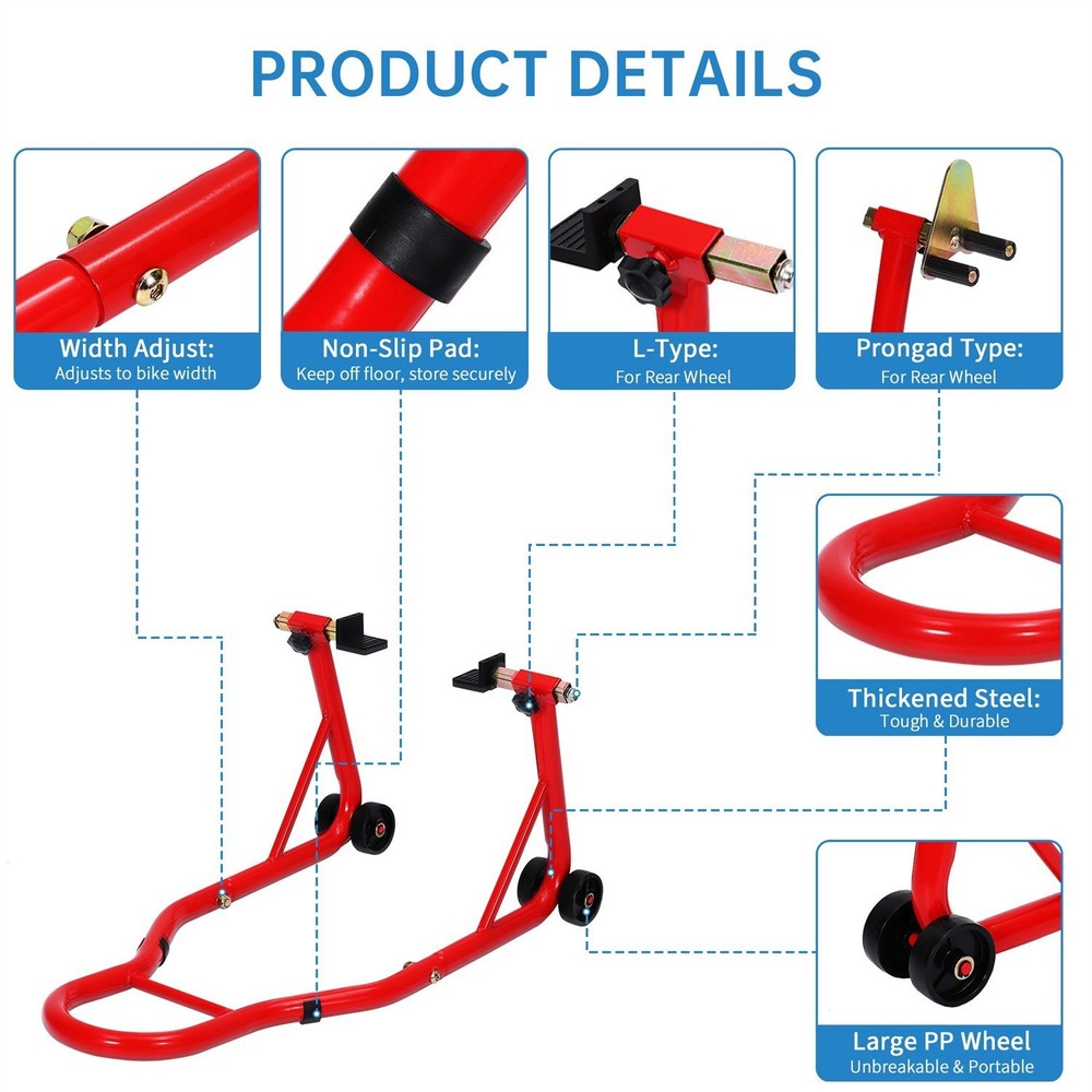 Motorcycle Stand Lift, Front & Rear Combo, Universal Paddock Lift Stand, Red