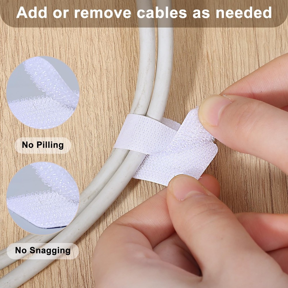 100Pack Hook & Loop Cable Ties SelfAdhesive Cord Straps Organizer White