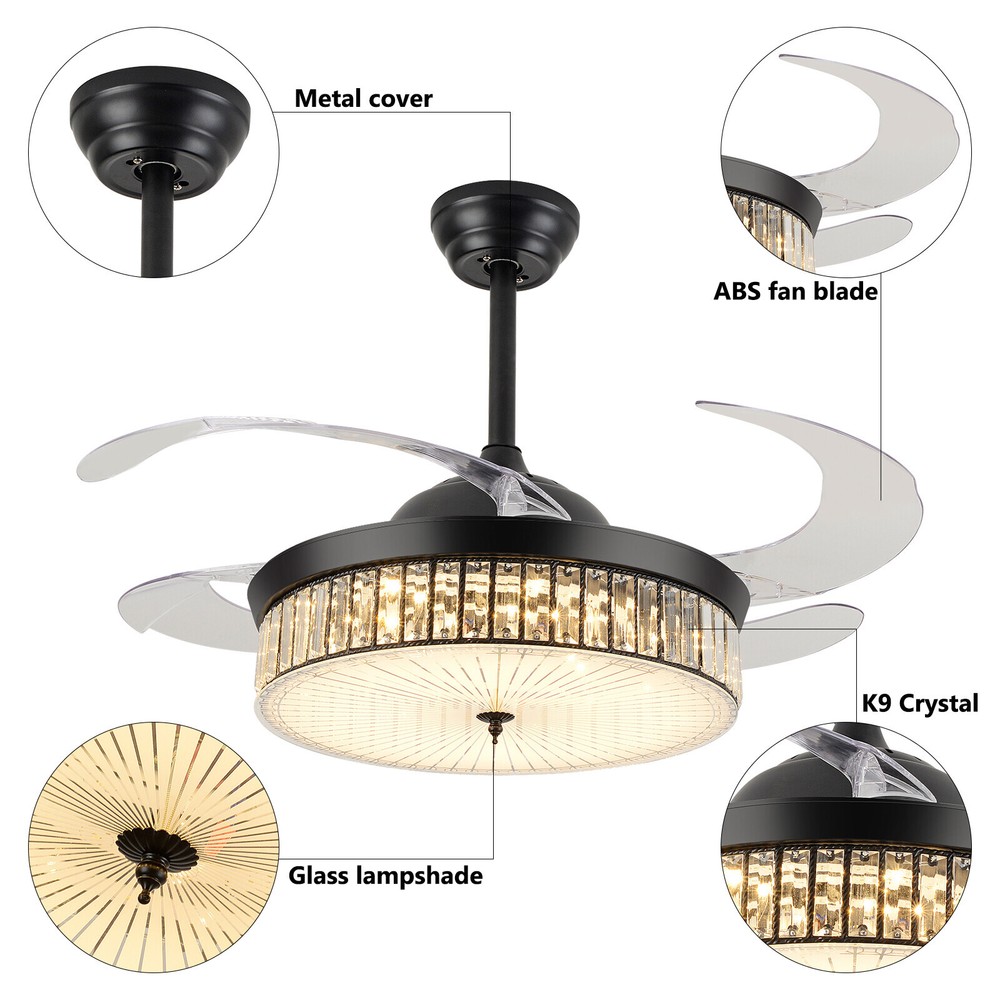 42 Inch Retractable LED Ceiling Fan Light with Remote Control and Timer