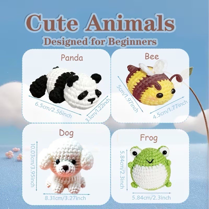 Beginner Crochet Starter Kit 8PCS w/ Animal Patterns, Yarn, Hooks & Video Guide