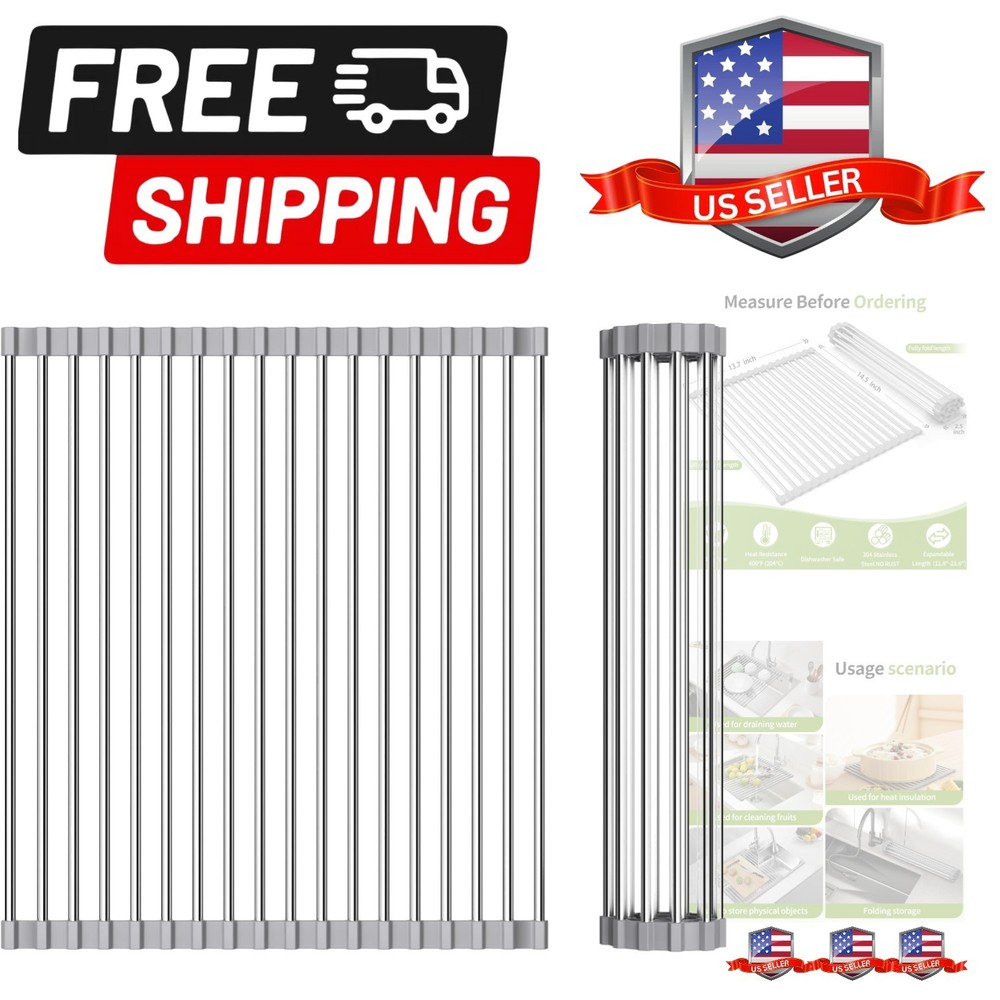 Foldable Over Sink Dish Drying Rack - Stainless Steel Sink Drain Rack with Si...