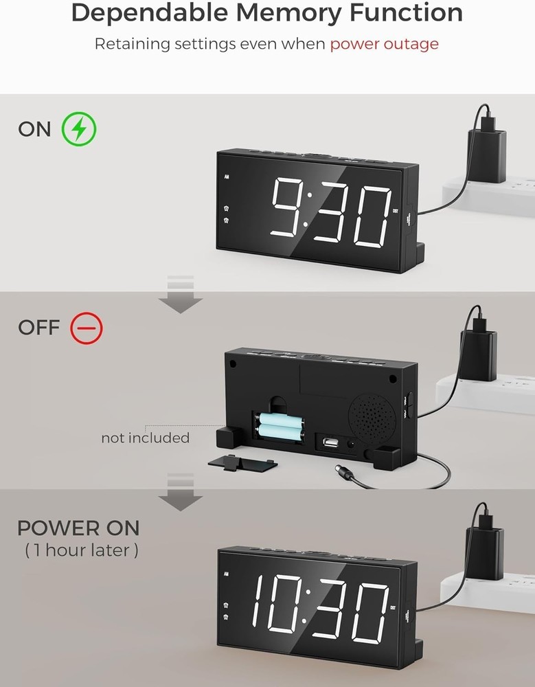 Dual Alarm Digital Clock with Large Display & USB Charging