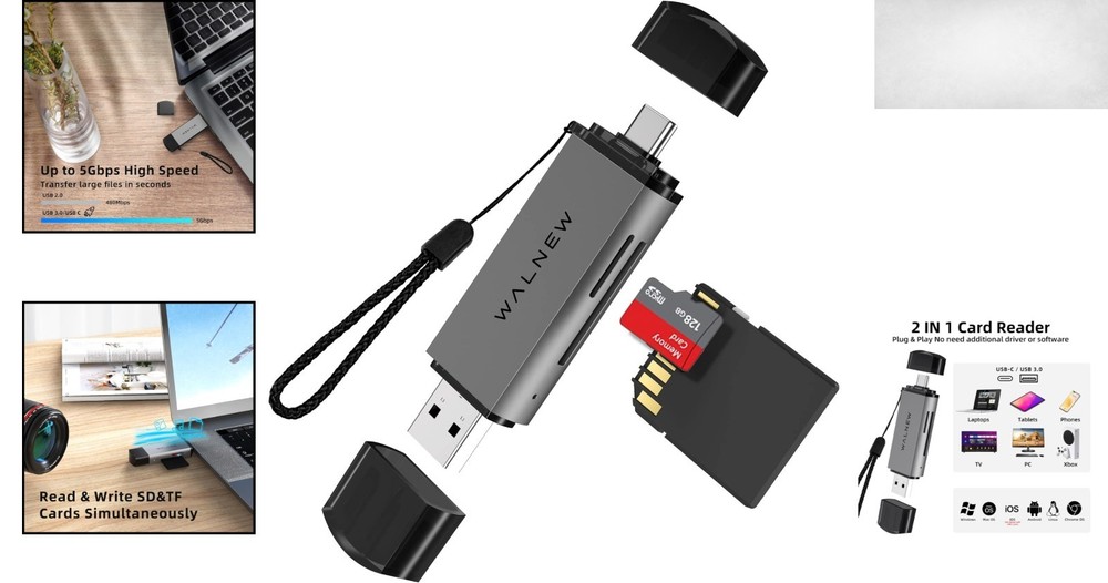 Compact Dual Slot USB 3.0 & USB-C Memory Card Reader - Quick File Transfers