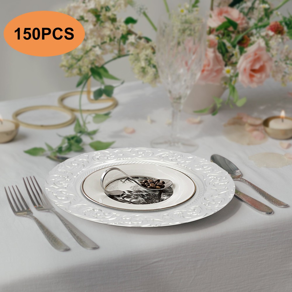 150pcs Silver Round Plates Set, Elegant Design, Reusable for Events