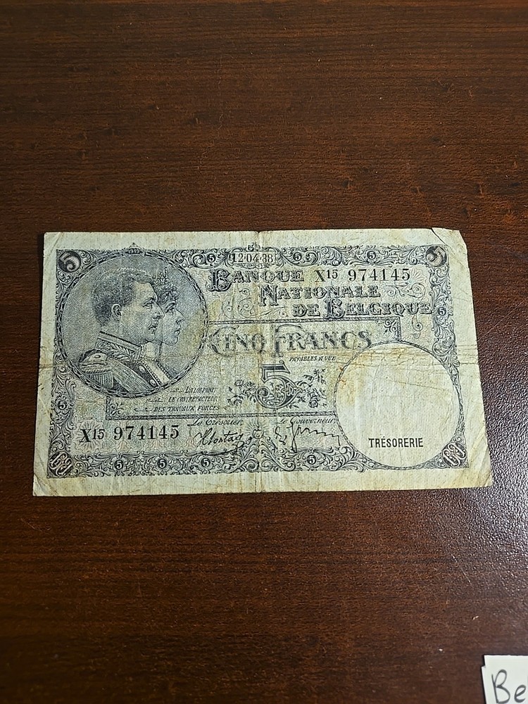 BELGIUM, 5 FRANCS, P#108a, 1938