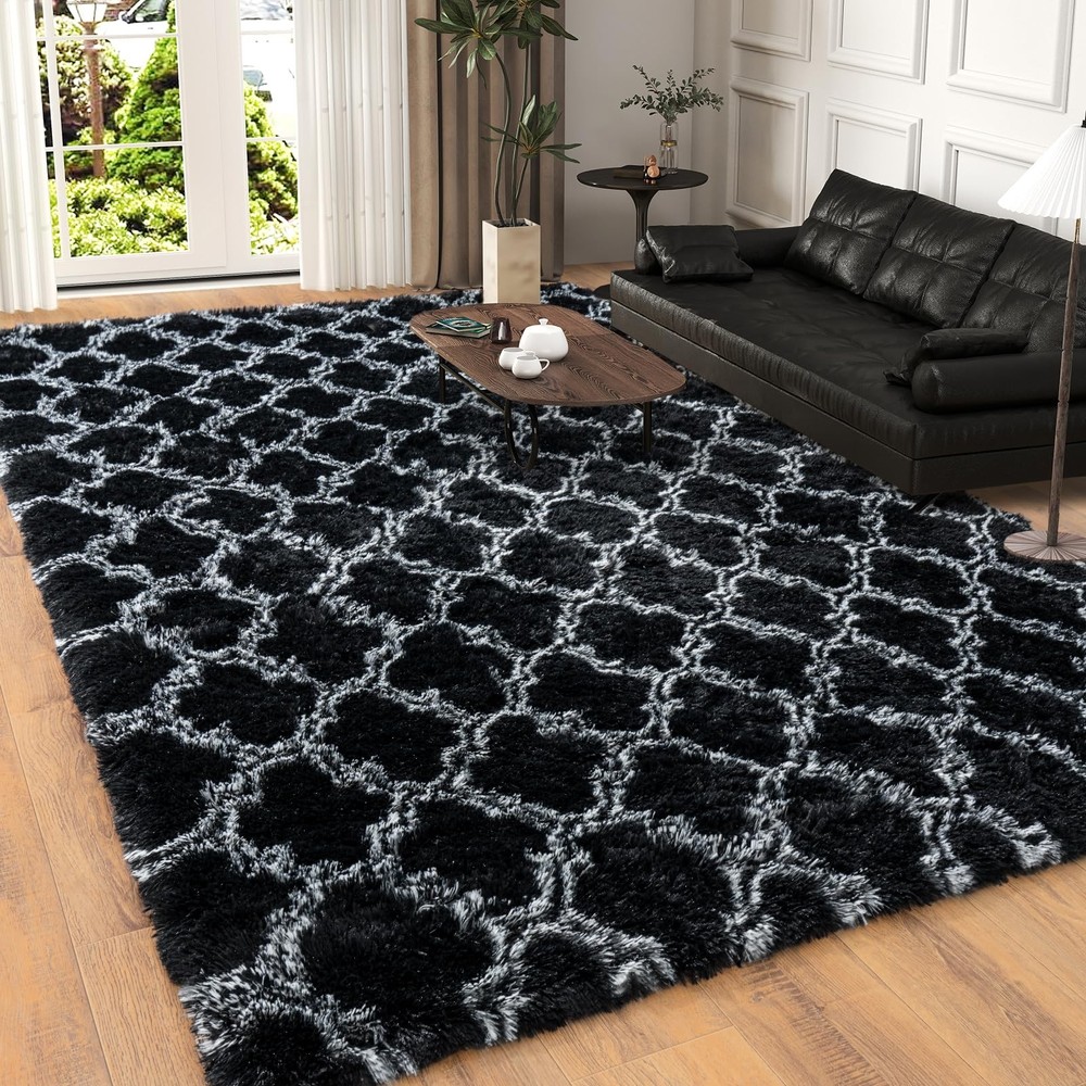 Dssimo Super Fluffy Moroccan Trellis 5x7 5' x 7' (Rectangular), Tie-dye Black