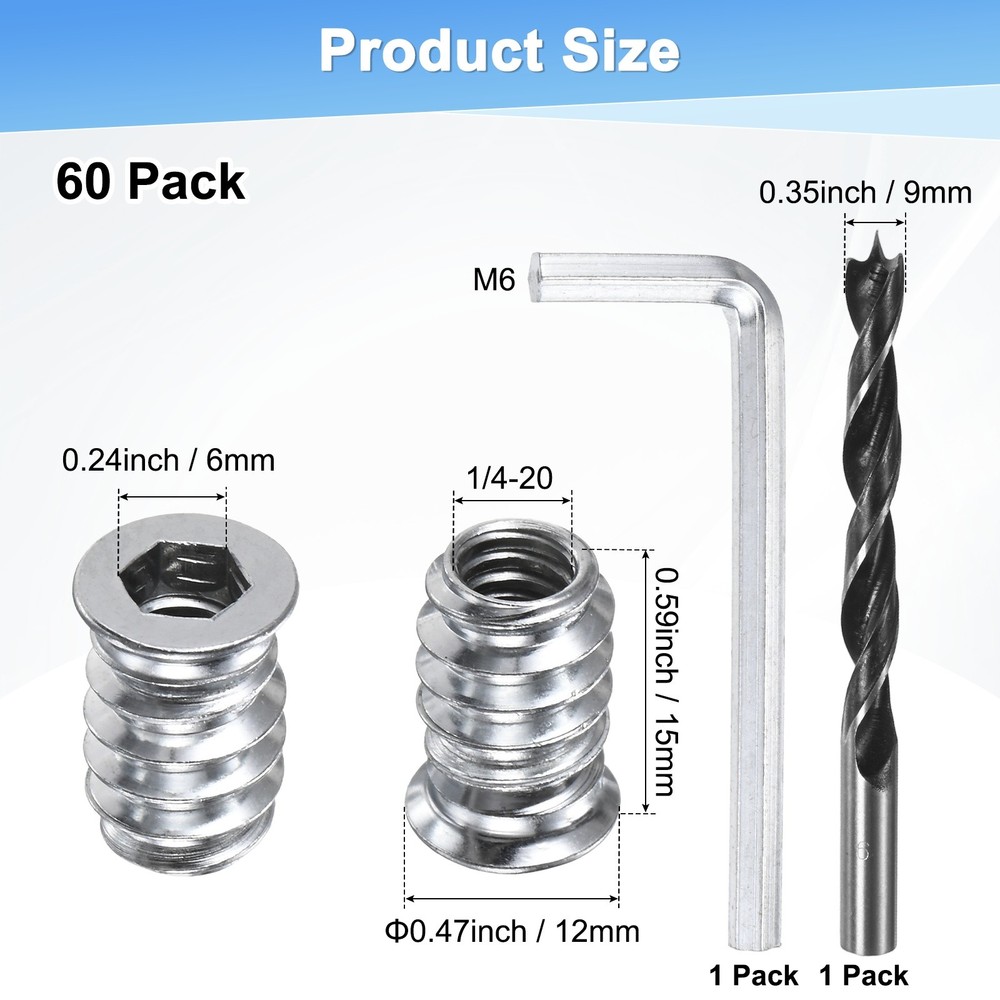 60-Pack Threaded Inserts, 1/4-20x15mm Nuts with A Wrench and Drill Bit [Silver]