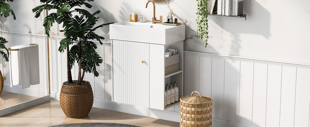 21.6"Wall Mounted Bathroom Vanity W/Ceramic Basin Small Space Right Side Storage