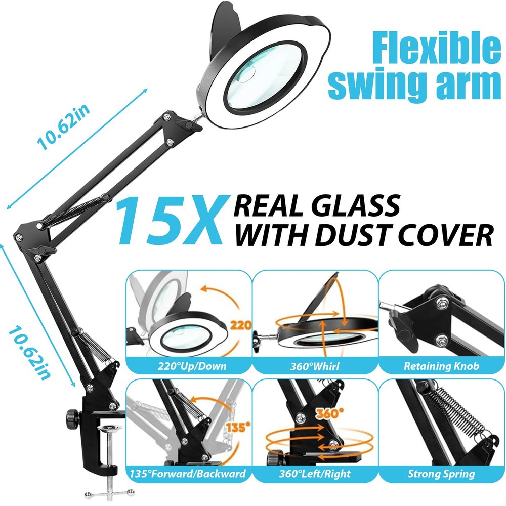 15X Magnifier Lamp with Protective Cover Adjustable LED Light for Precision Work