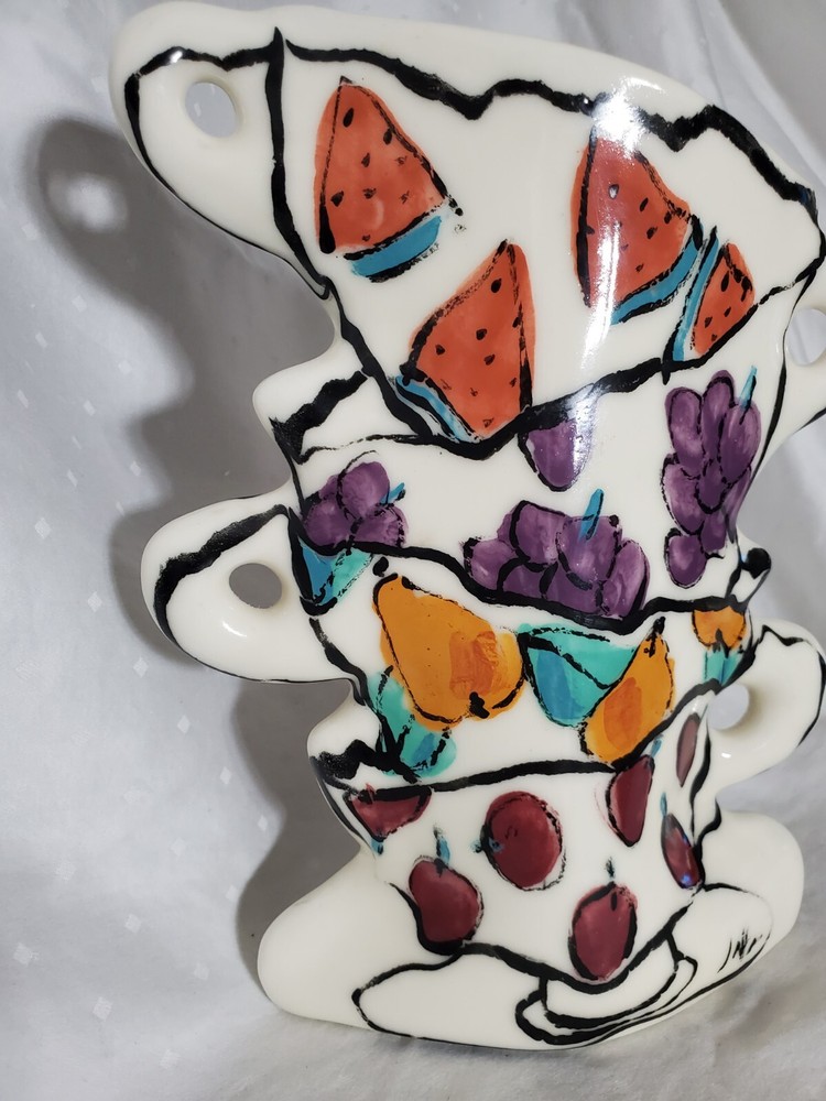 Tea Cup Stacked Ceramic Vase w/ handpainted fruit