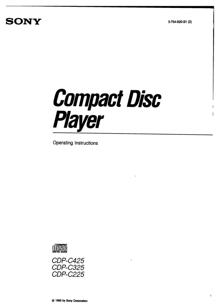 Sony CDP-C325 CD Player Owners Manual