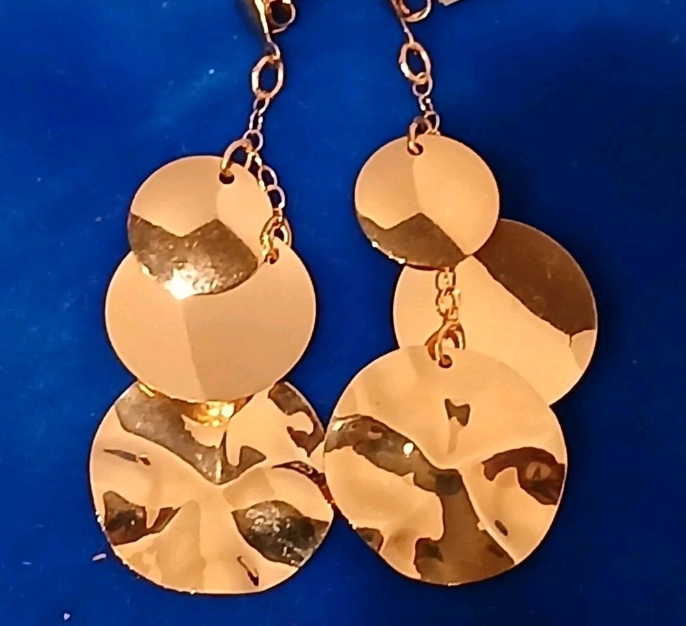Solid 14K Yellow Gold Drop Dangle Hammered Circle Disc Earrings 1.85 Grams