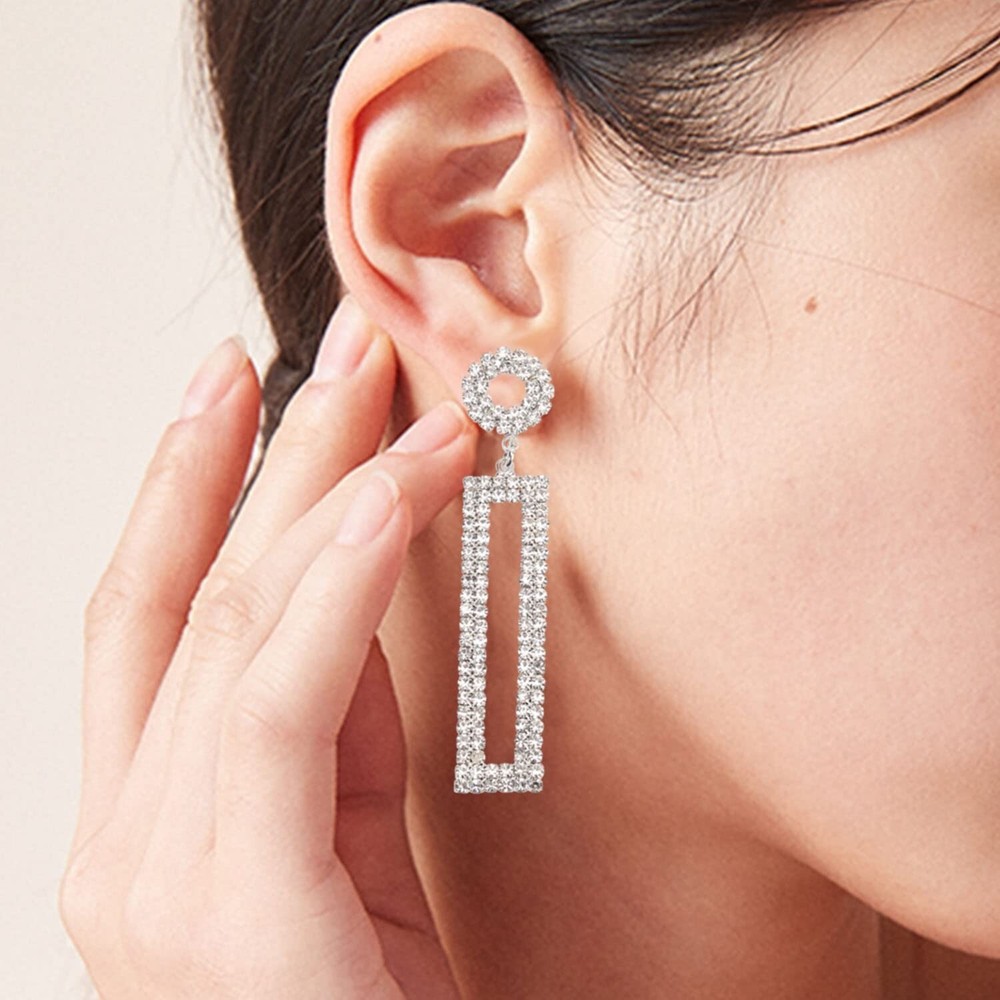 Rhinestone Long Drop Earrings Statement Rectangle Dangle with Circle Studs Fa...
