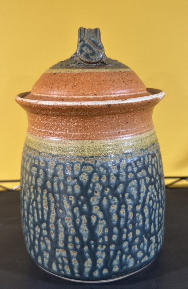Royce Yoder Pottery Handmade Stoneware Canister – Tree Design, Green & Tan