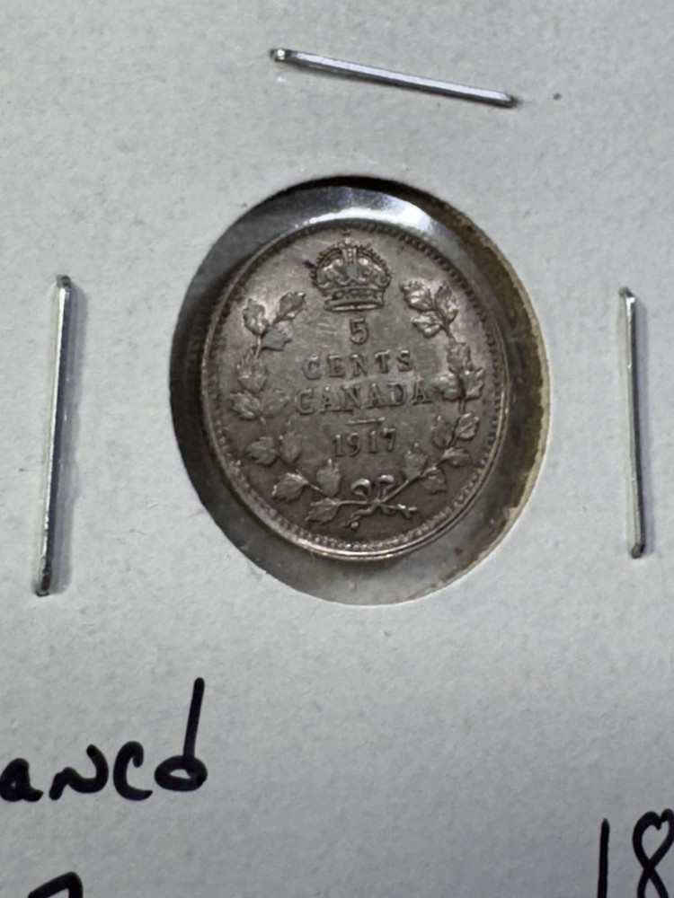 1917 Canada 5 Cents Small Silver Coin Cleaned