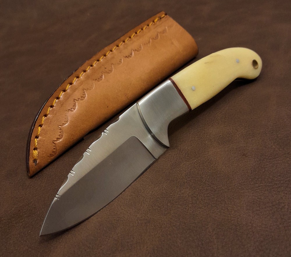 7" Real Bone Handle Fileworked Skinner Knife w/Leather Sheath