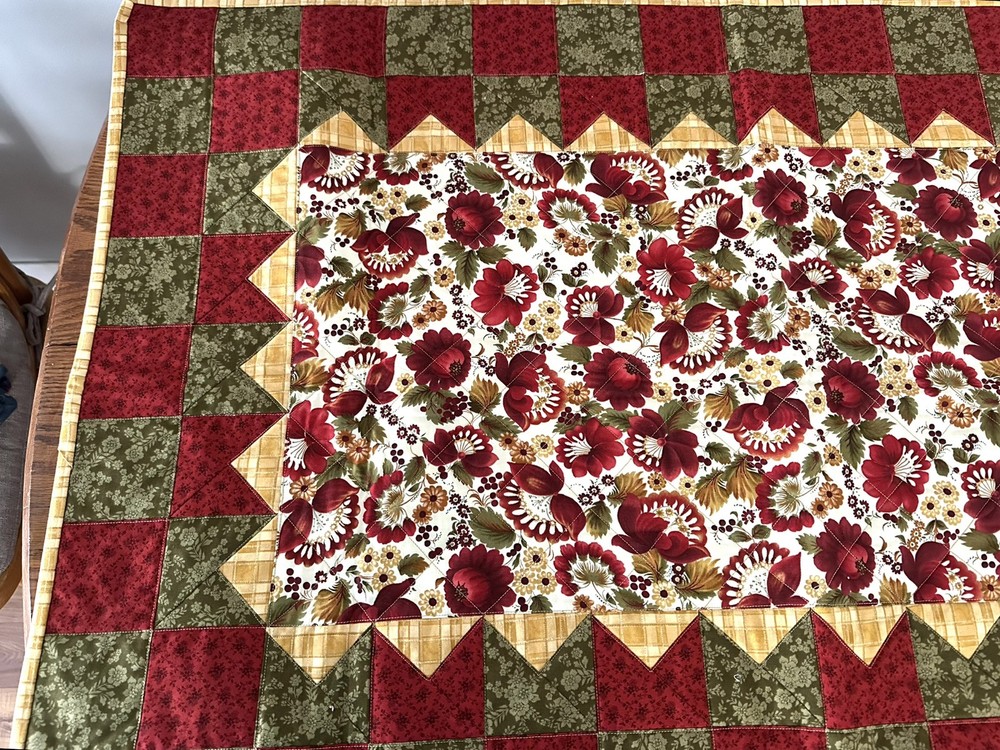 Red Floral Quilted Table Runner, Table Decor 27” x 48” New