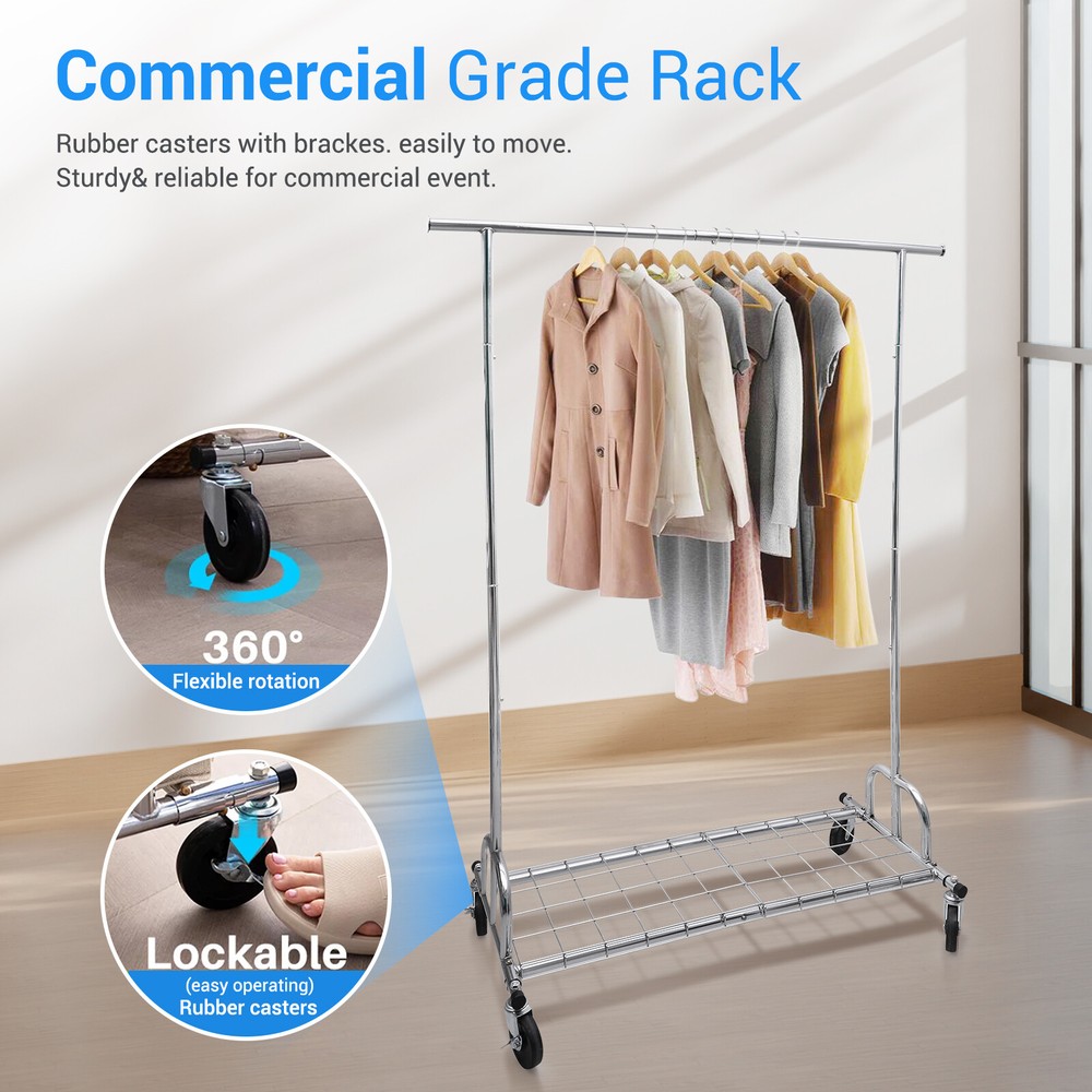 Singel Rail Garment Rack with Wheels Multi Purpose Clothes Storage Drying Hanger