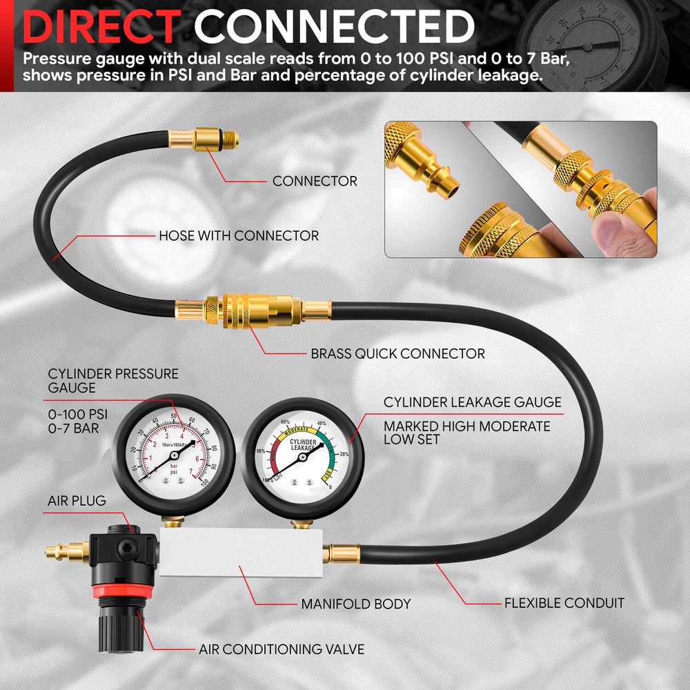 TU-21 Cylinder Leakdown Detector Engine Compression Tester Kit Pressure Gauges