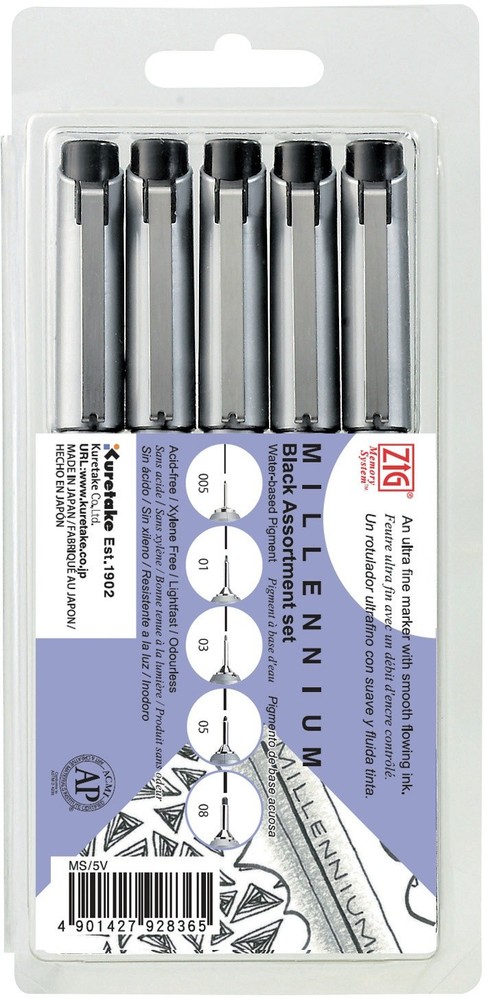 Zig MS5V  Millennium Assorted Point Pens 5/Pkg-Pure Black