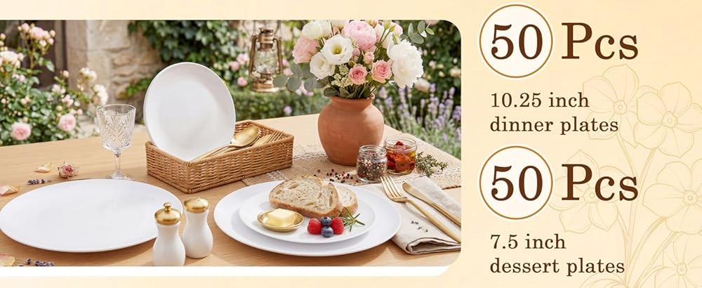 White Plastic Plates Disposable - Heavyweight 50 White Dinner & 50