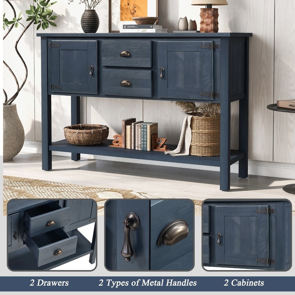 46'' Retro Solid Wood Sideboard Console Table w/Bottom Shelf & Storage Cabinets