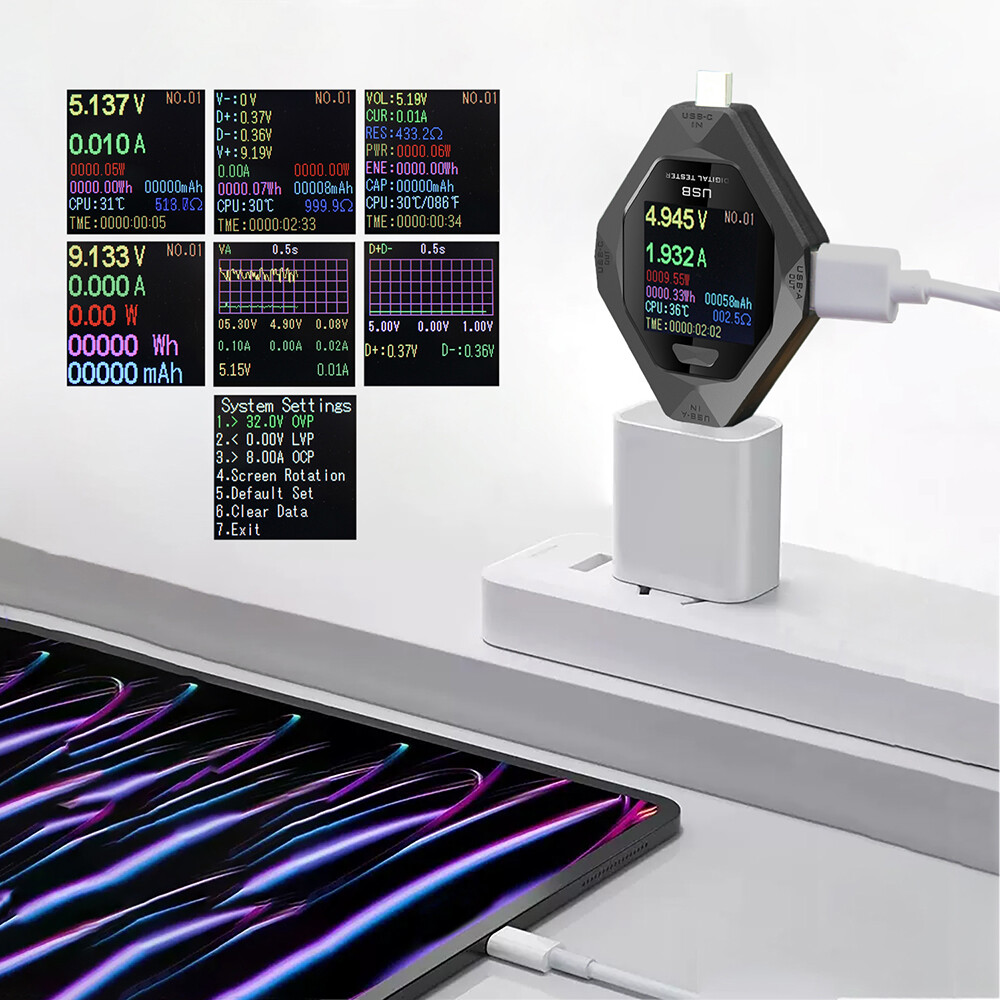 USB Type-C Digital Voltmeter Current Power Meter Multimeter DC 3.6-32V 0.1-8A