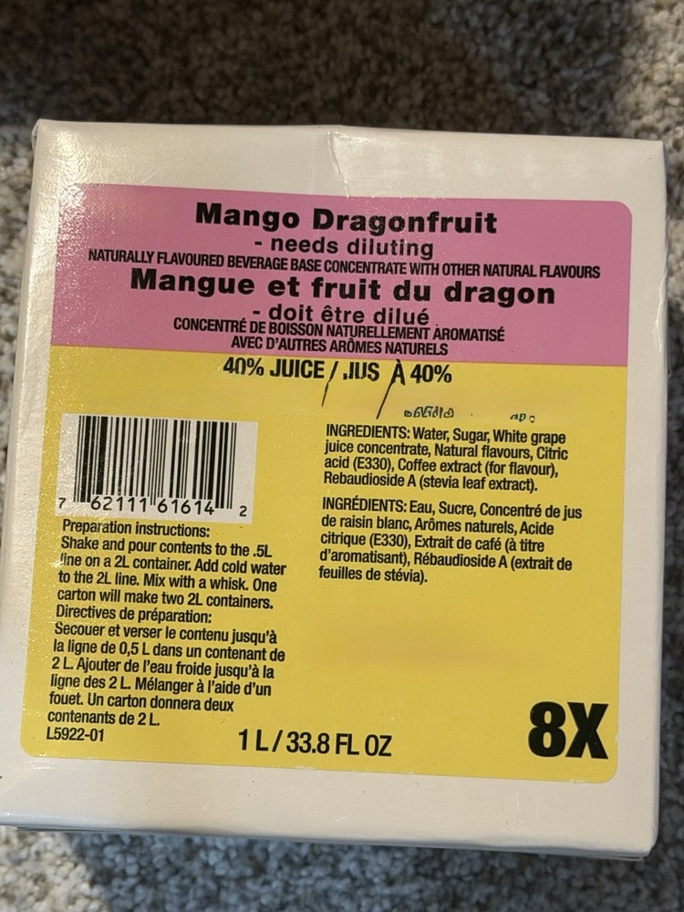 6x - I Case Mango Dragonfruit 8X Refresher Base (1L) Bb 06/26