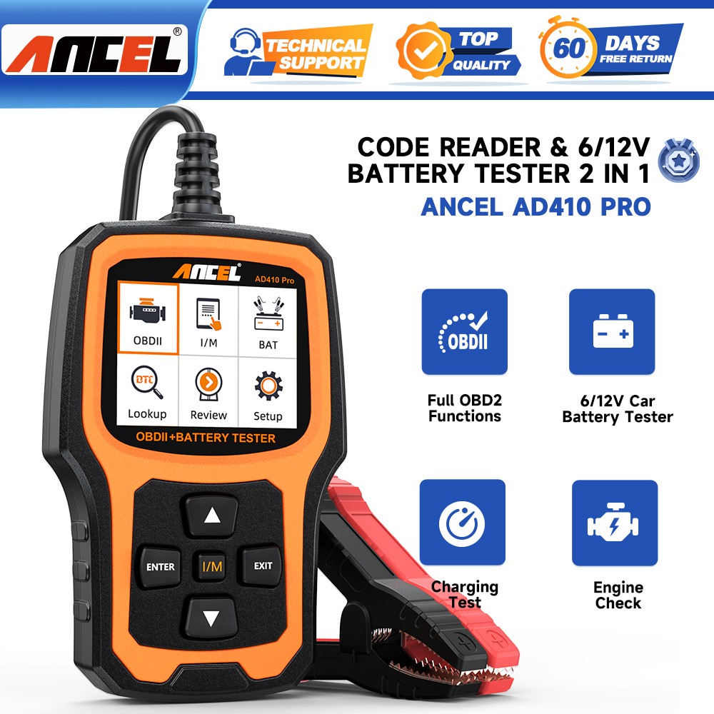 ANCEL AD410 PRO OBD2 Code Reader Scan Tool 6V 12V Motorcycle Battery Load Tester
