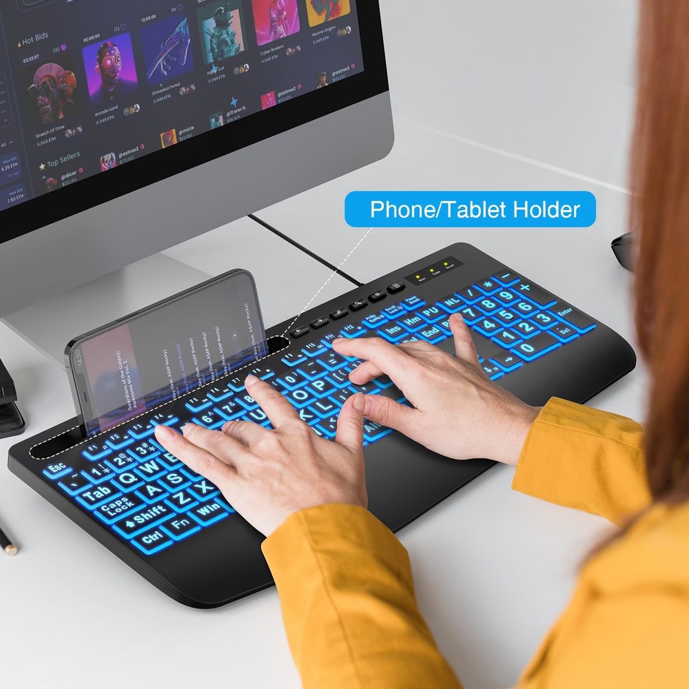 SABLUTE Large Print Backlit Keyboard, Wired USB Computer Keyboards with 7-Col...