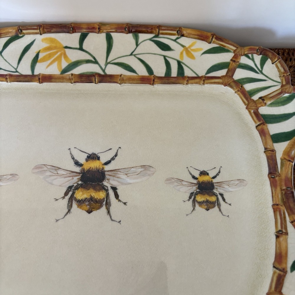 Melamine Picnic Platter Tray Yellow Bee Pattern Bamboo Cheese Party Board