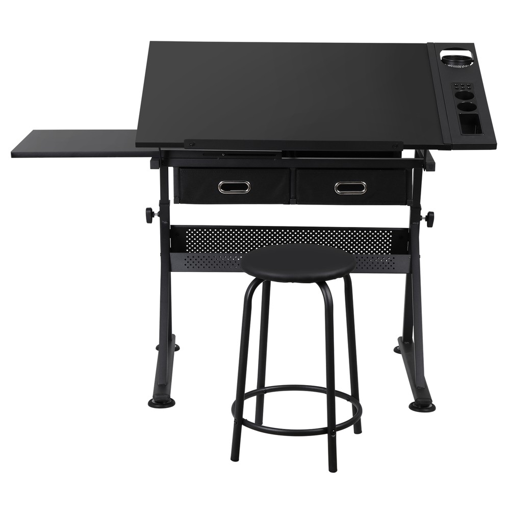 Adjustable Drafting Table Tilting Tabletop Art Craft Desk with 2 Drawers, Stool