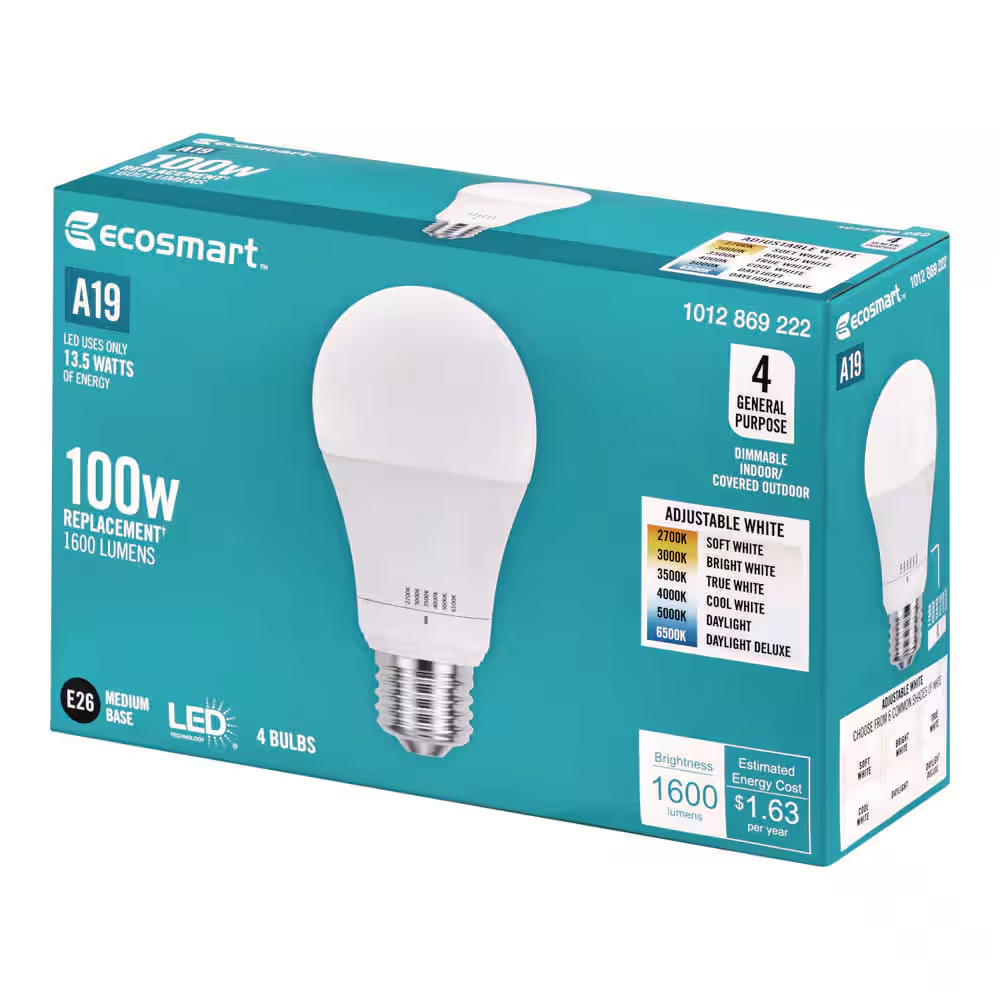 100-Watt Equivalent A19 E26 Base Dimmable LED Light Bulb with Selectable Color T