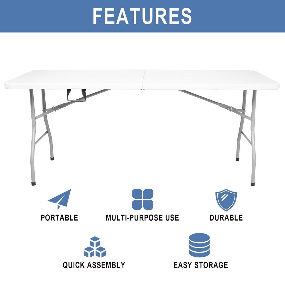 Portable 6FT Foldable Table with Carry Handle, Lightweight Plastic Folding Ta...