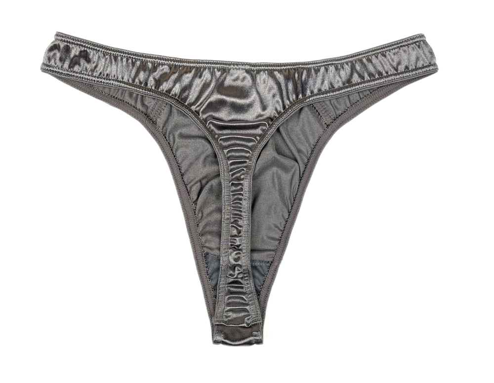 High Leg Satin Thong Silver L
