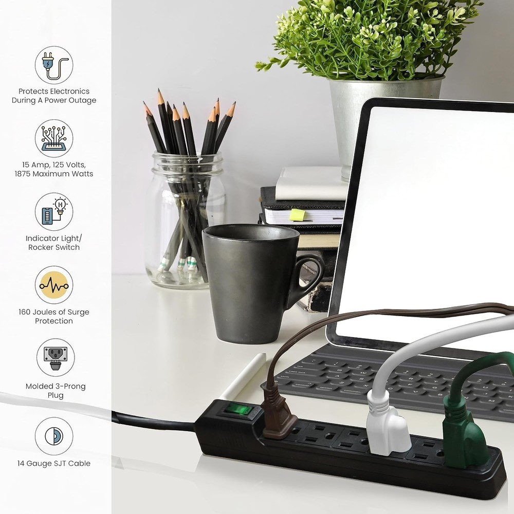 Compact 6 Outlet Mountable Surge Protector – Safeguard Your Electronics in Style