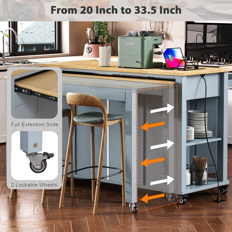 Kitchen Island with Extendable Dining Table, Rolling Wheels, Storage, Power