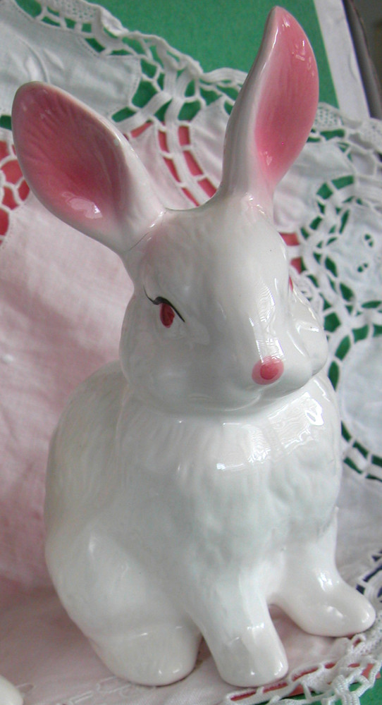 Ceramic Bunny, 7" Tall, White & Pink Hand Painted