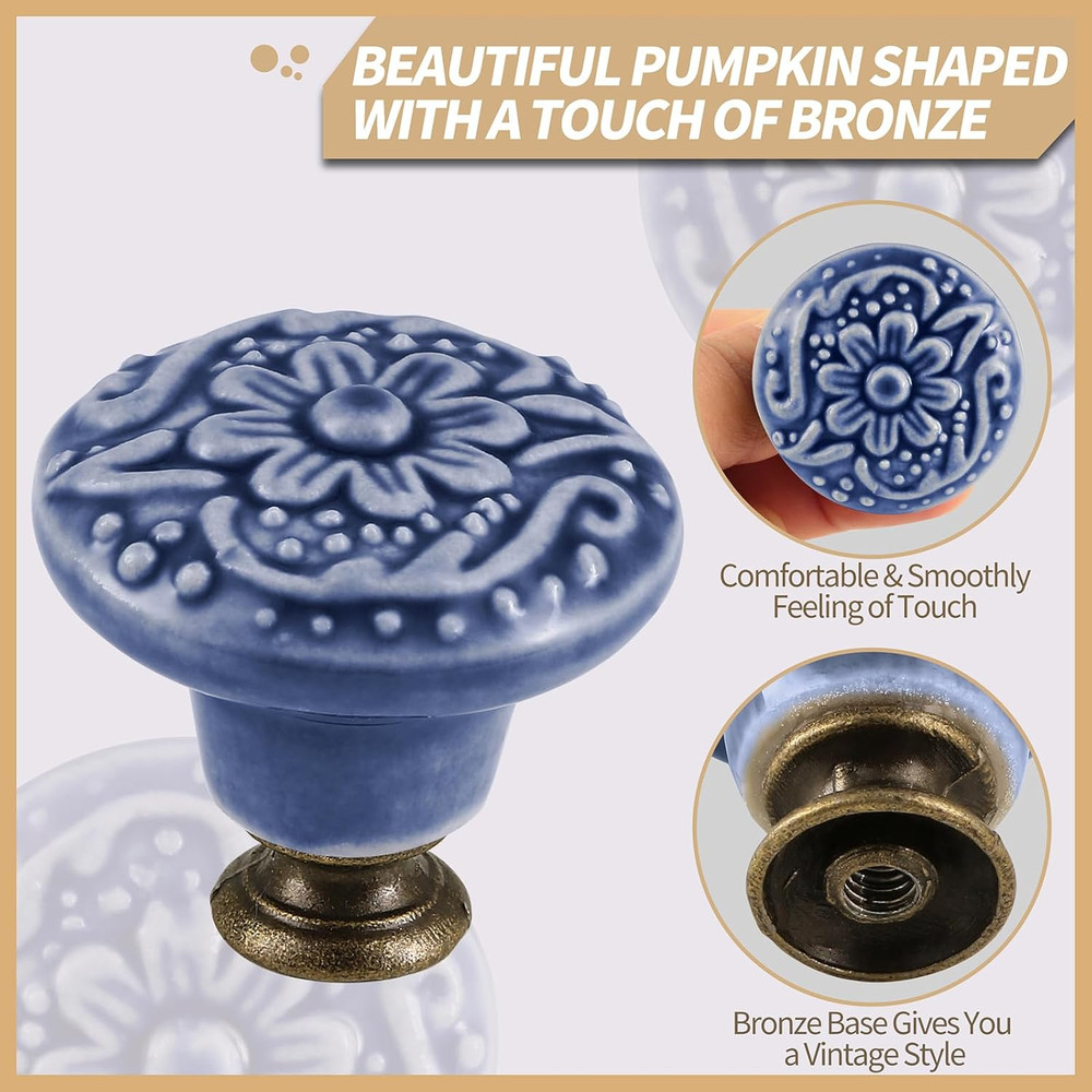 Greyish Blue Ceramic Knobs 10 Pack Flower Drawer Pulls Vintage Cabinet Knobs - A