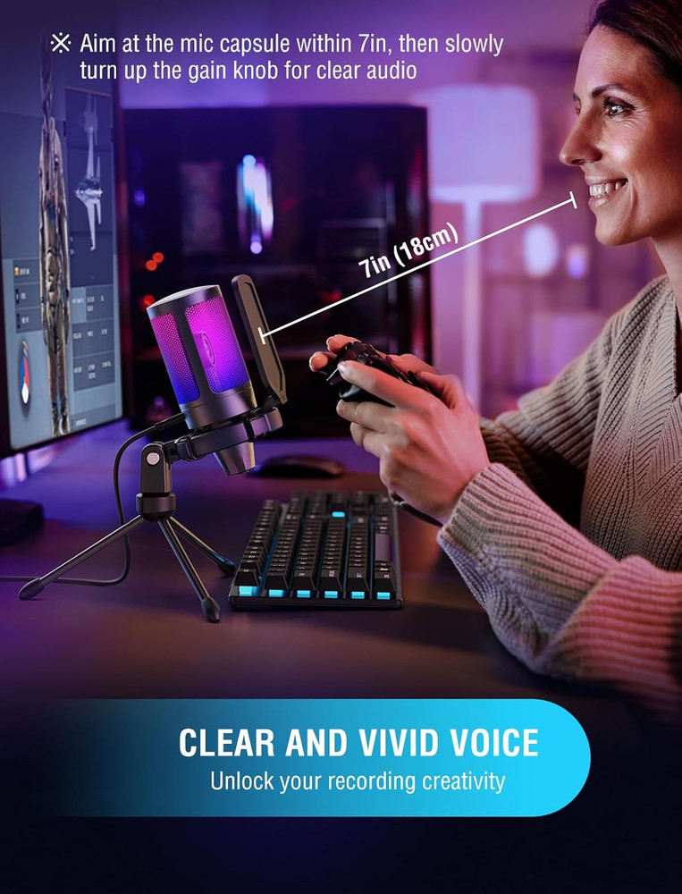 Gaming USB Condenser Microphone W/ Quick Mute RGB Tripod Pop Filter Gain Control