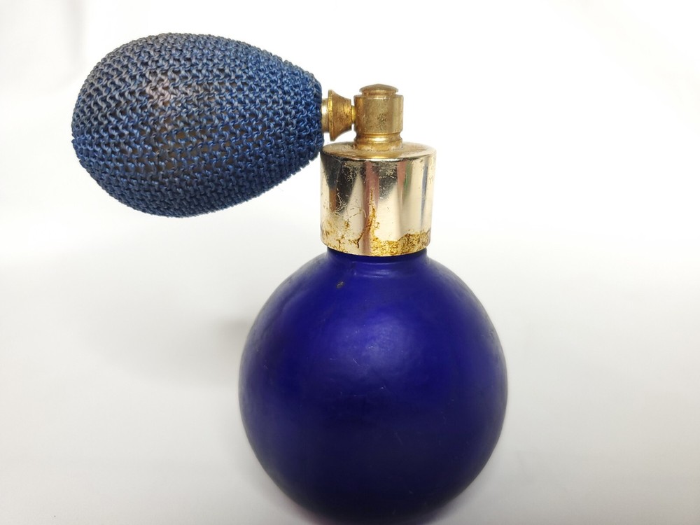 Vintage Dark Blue Glass(?) Perfume Bottle with Atomizer